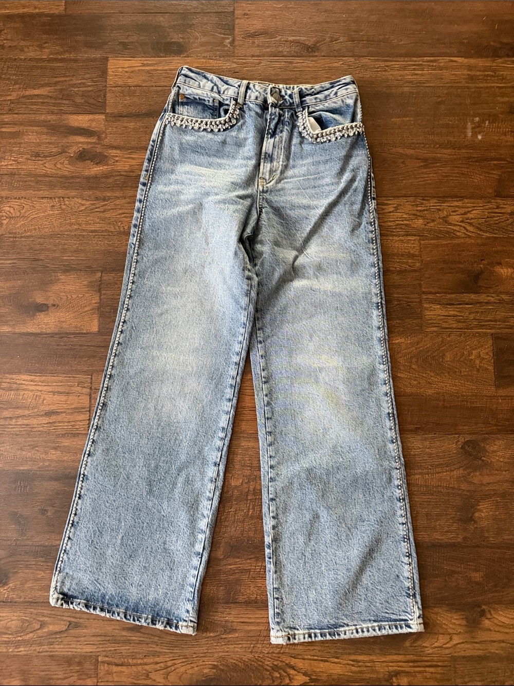 Pilcro Light Blue Wide Leg Jeans with Beaded Pocket Trim